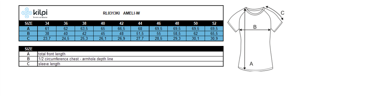 FEMMET-shirt qui court Kilpi AMELI-W – Size chart