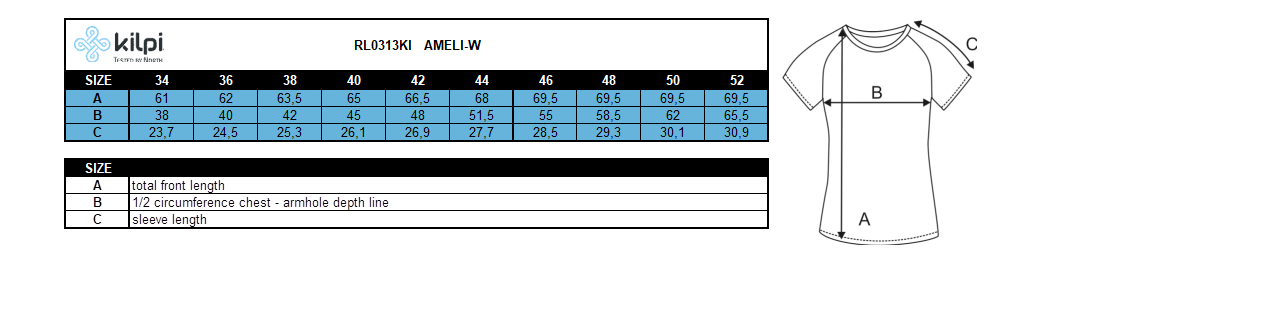 FEMMET-shirt qui court Kilpi AMELI-W – Size chart