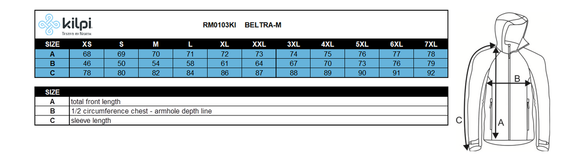Veste softshell homme Kilpi BELTRA-M – Size chart