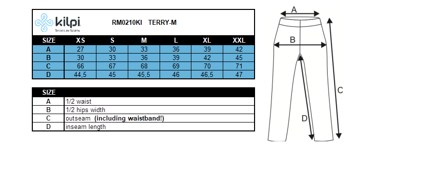 HOMMEje cours des leggings 3/4 Kilpi TERRY-M – Size chart