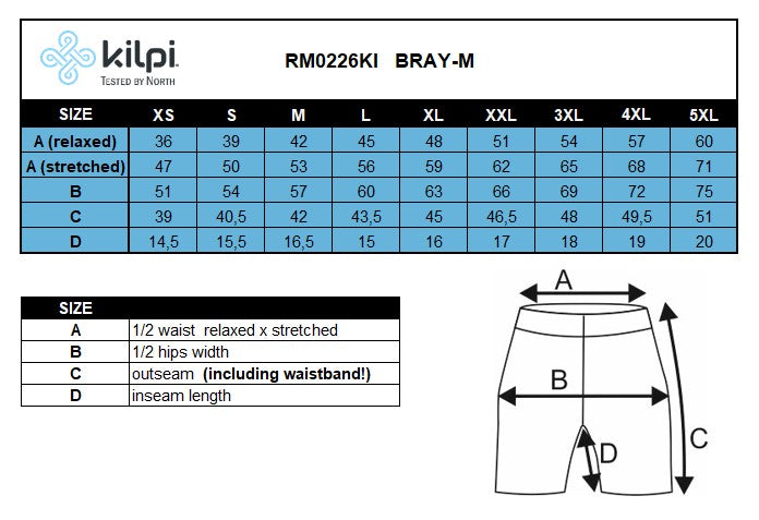 Short homme Kilpi BRAY-M – Size chart