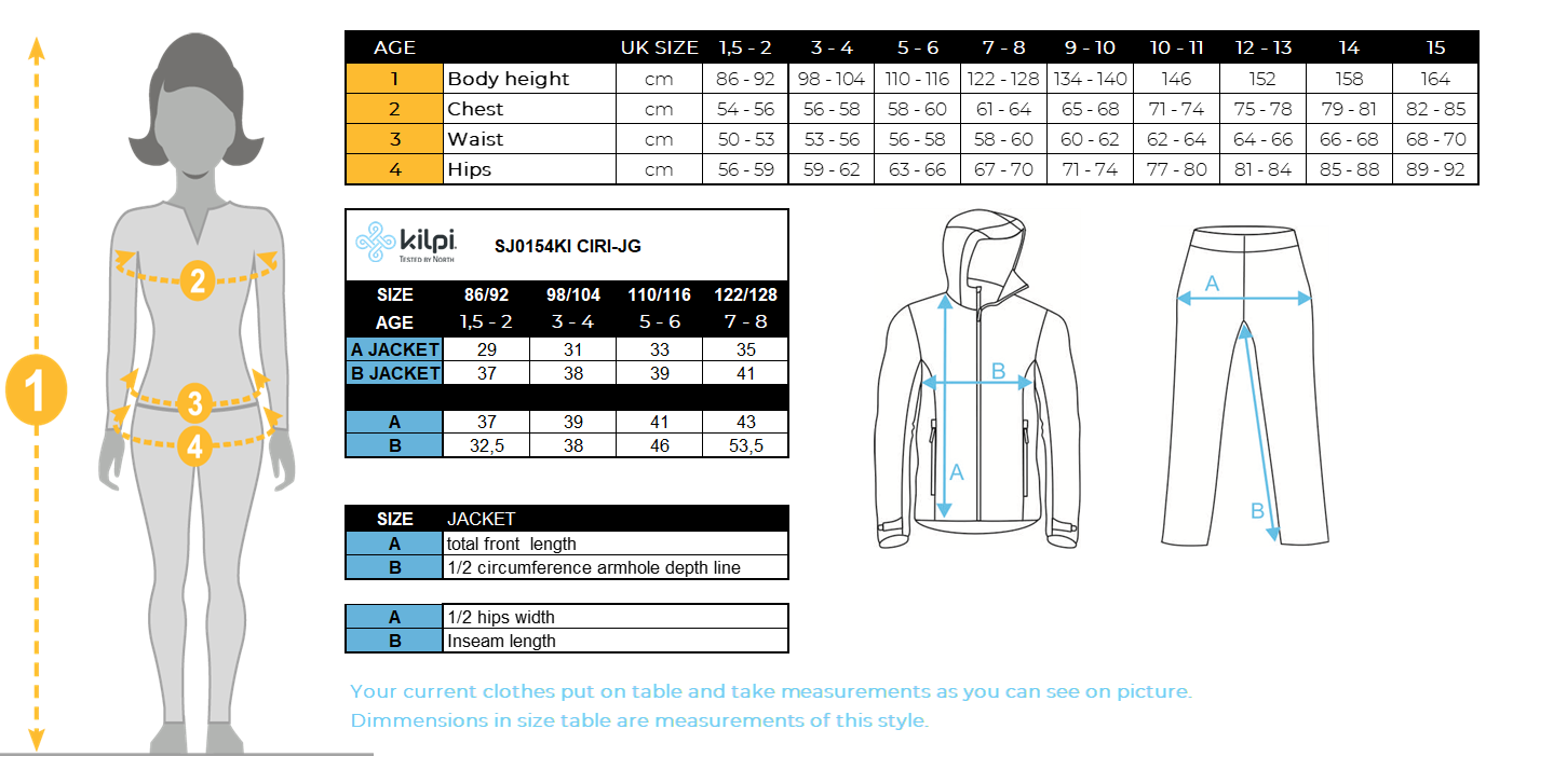 Combinaison de ski fille Kilpi CIRI-JG – Size chart
