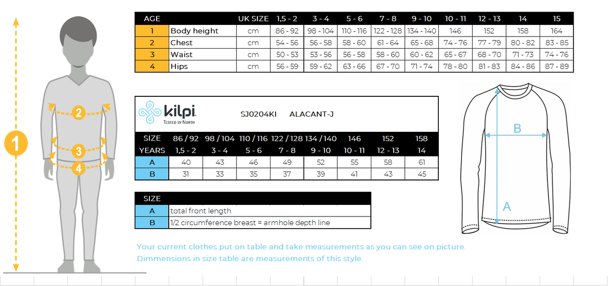 Kid's polaire middle layer Kilpi ALACANT-J – Size chart