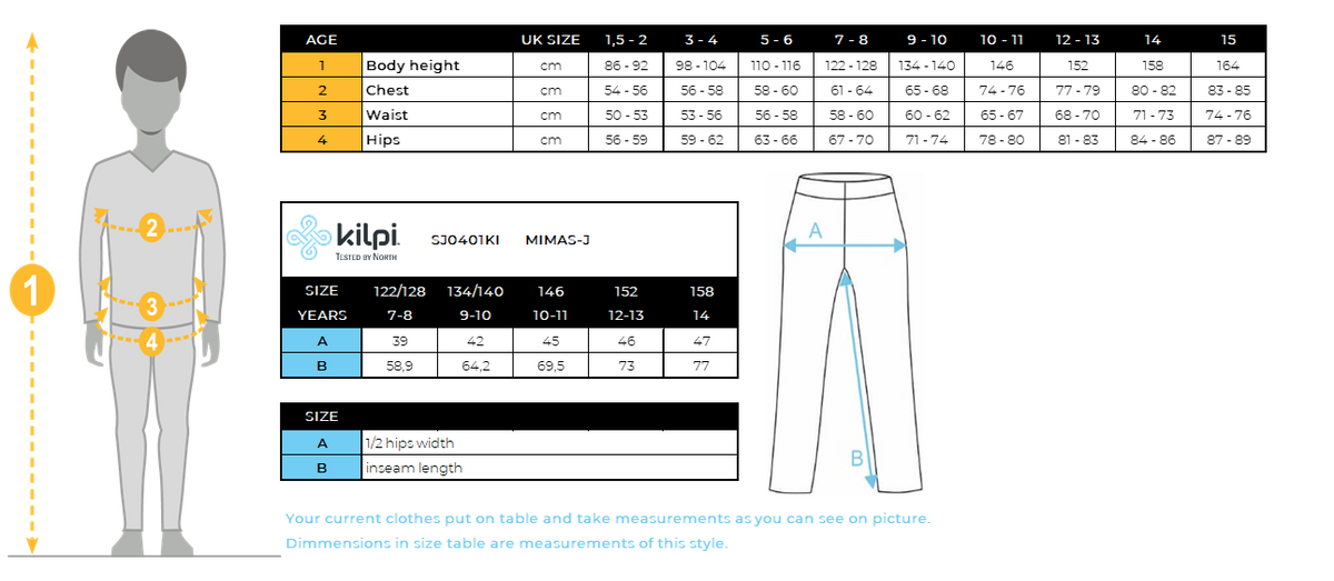 Pantalon de ski enfant Kilpi MIMAS-J – Size chart
