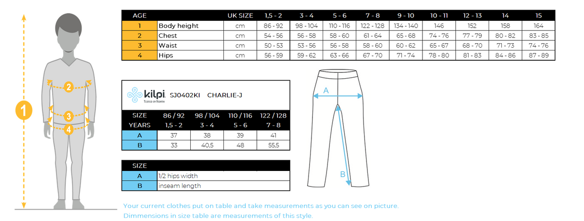 Kid´s ski pants Kilpi CHARLIE-J – Size chart