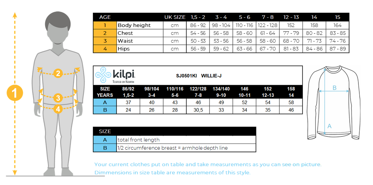 Kid's functional long-sleeve T-shirt Kilpi WILLIE-J – Size chart