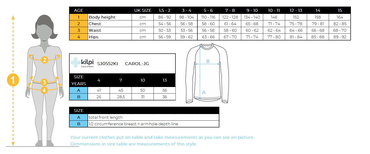 Girl's thermal underwear Kilpi CAROL-JG – Size chart