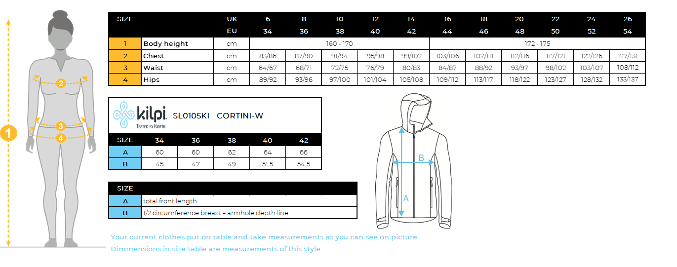 FEMMEla veste de ski de Kilpi CORTINI-W – Size chart