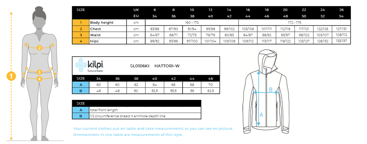 FEMMEla veste de ski de Kilpi HATTORI-W – Size chart
