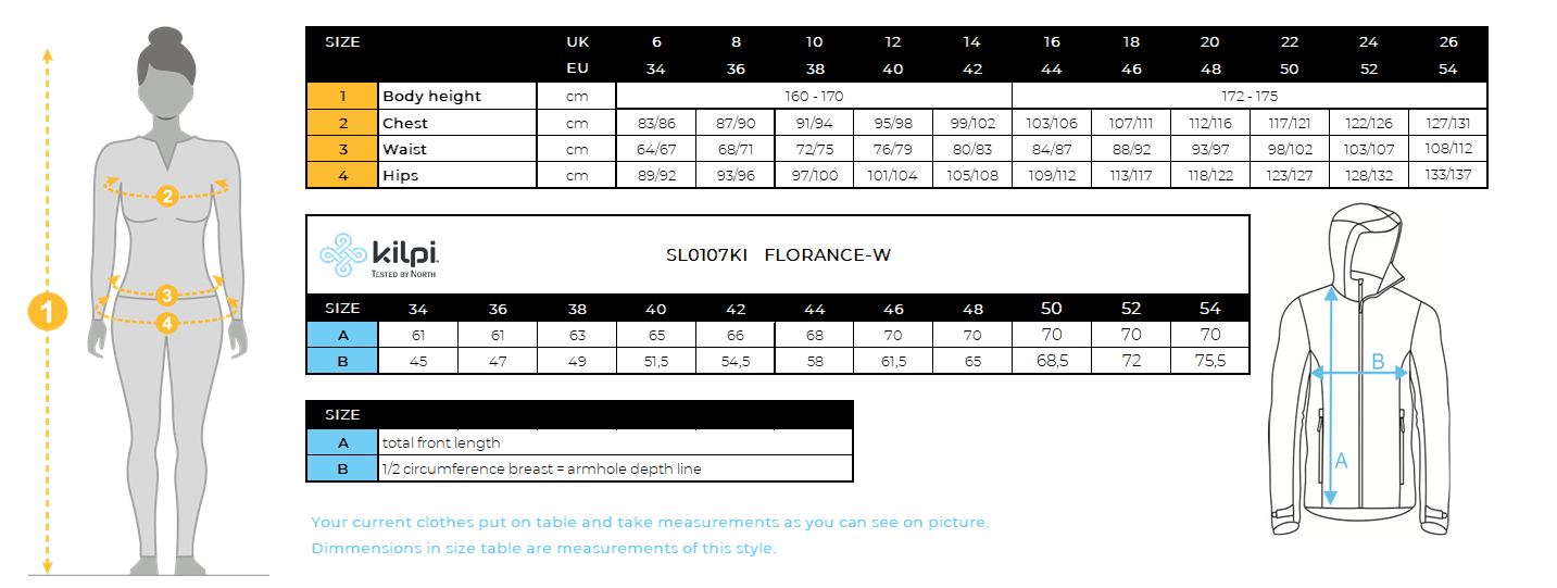 FEMMEla veste de ski de Kilpi FLORANCE-W – Size chart