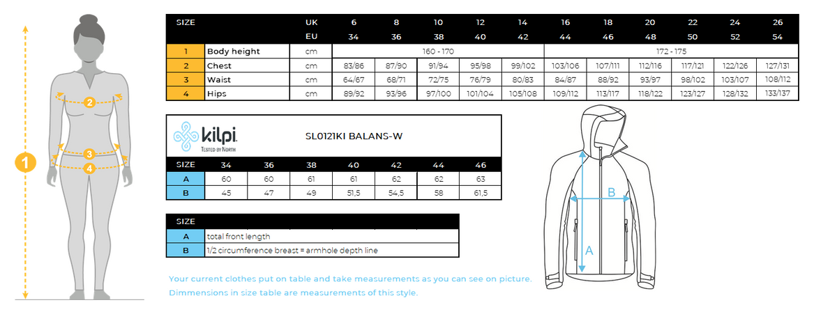 Veste de course softshell pour femme Kilpi BALANS-W – Size chart
