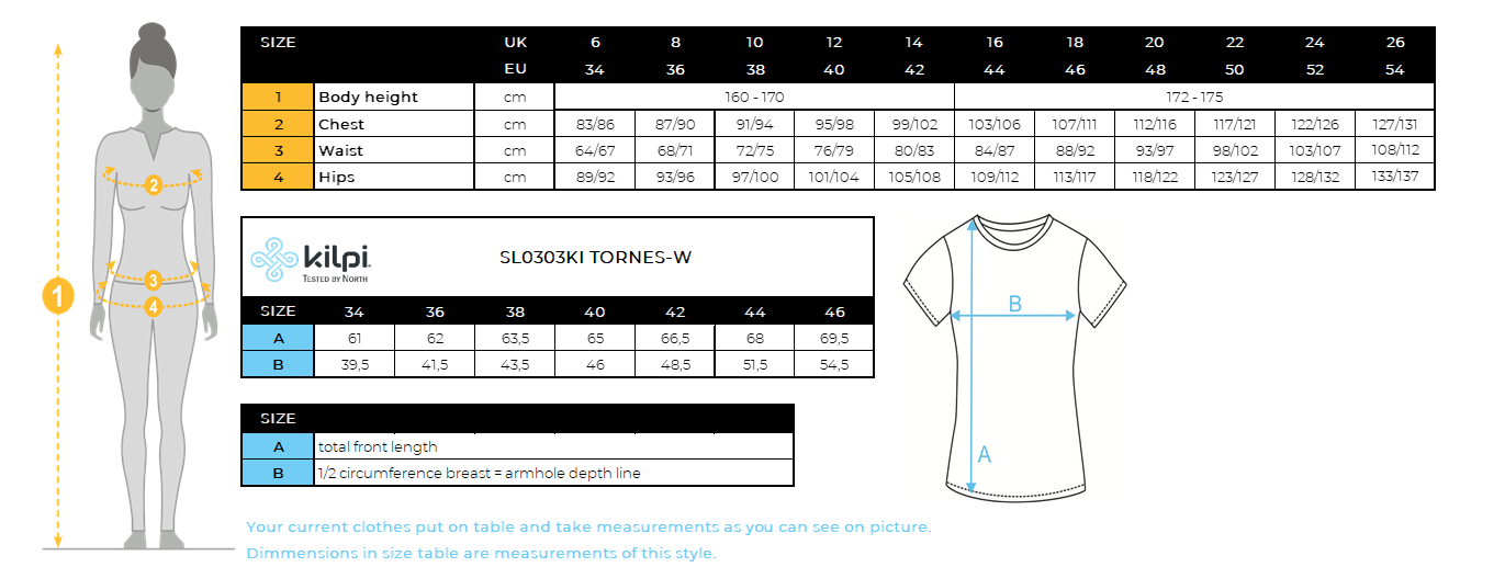 Women's T-shirt Kilpi TORNES-W – Size chart