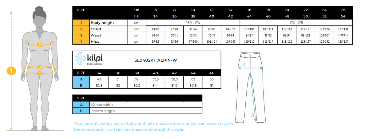 Pantalon imperméable d'extérieur pour femme Kilpi ALPIN-W – Size chart
