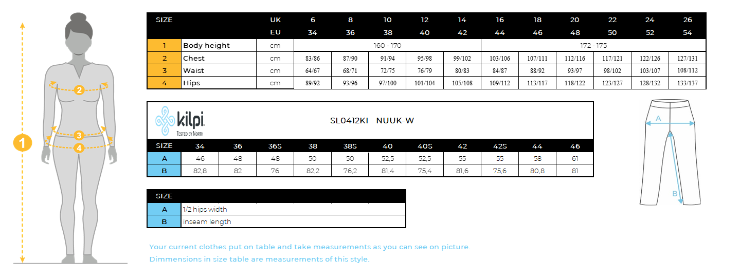 FEMMEle pantalon d'extérieur Kilpi NUUK-W – Size chart