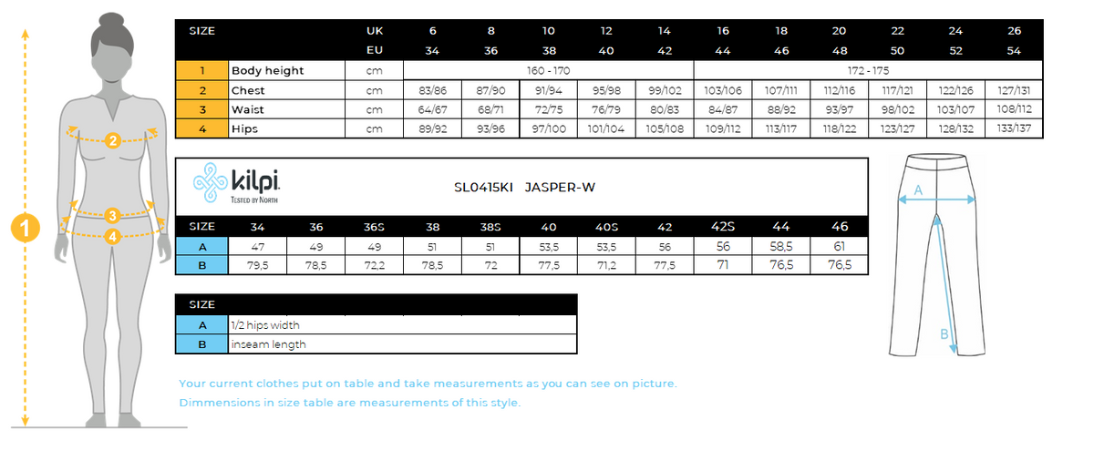 FEMMEle pantalon d'extérieur Kilpi JASPER-W – Size chart