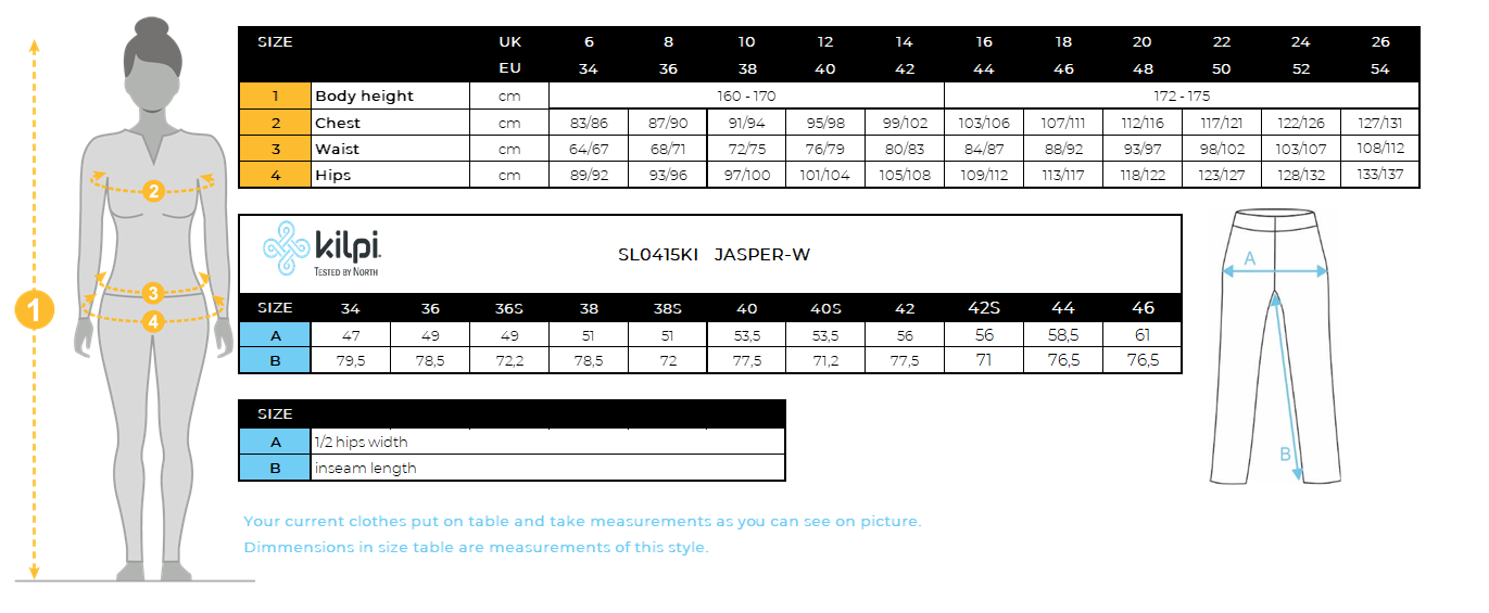 FEMMEle pantalon d'extérieur Kilpi JASPER-W – Size chart