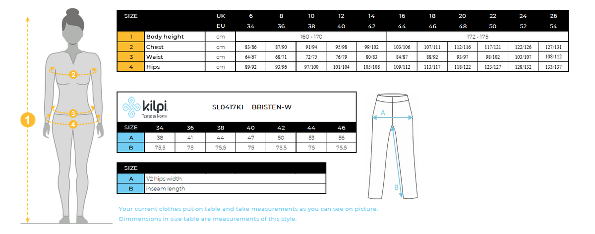 Pantalon de ski de randonnée pour femme Kilpi BRISTEN-W – Size chart