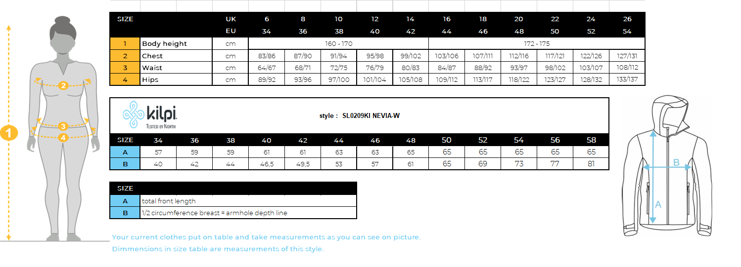 Women's insulated sweatshirt Kilpi NEVIA-W – Size chart