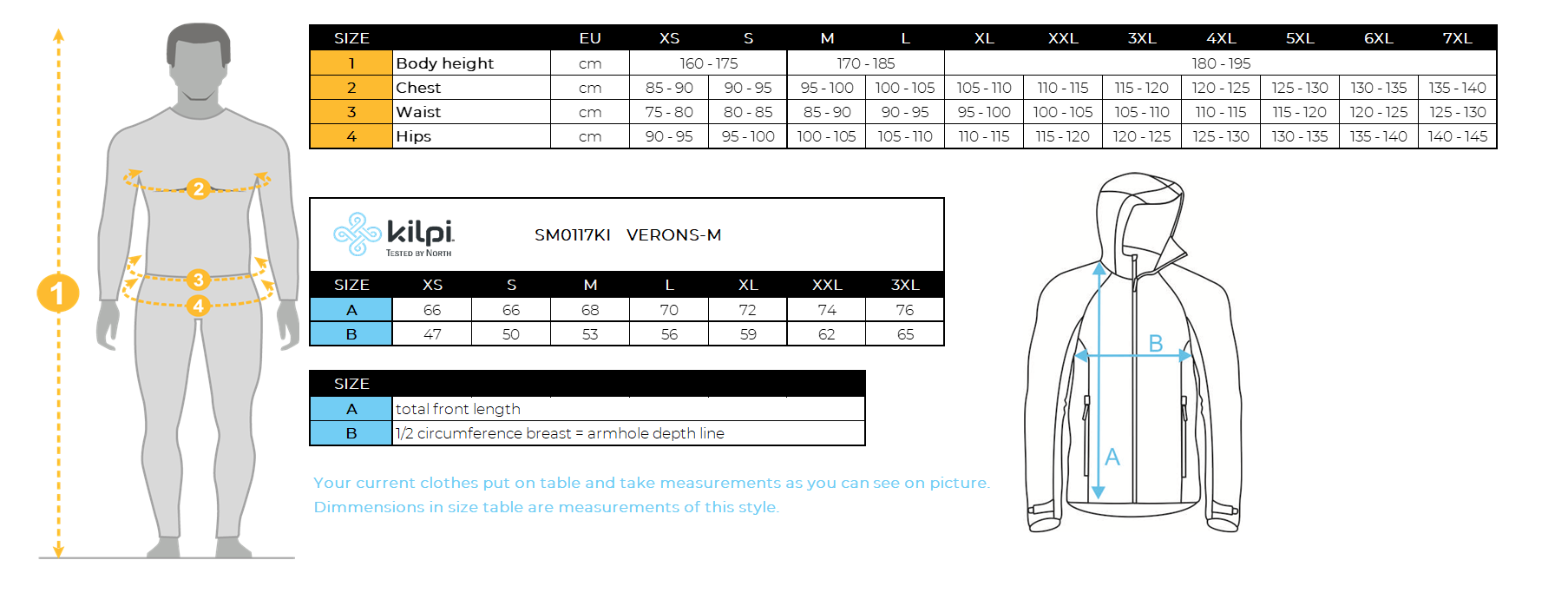 HOMMEla veste isolante de Kilpi VERONS-M – Size chart