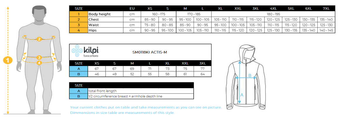 Men´s insulated jacket Kilpi ACTIS-M – Size chart