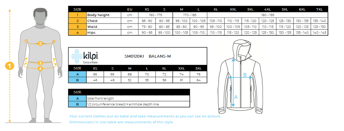 Veste de course softshell pour homme Kilpi BALANS-M – Size chart