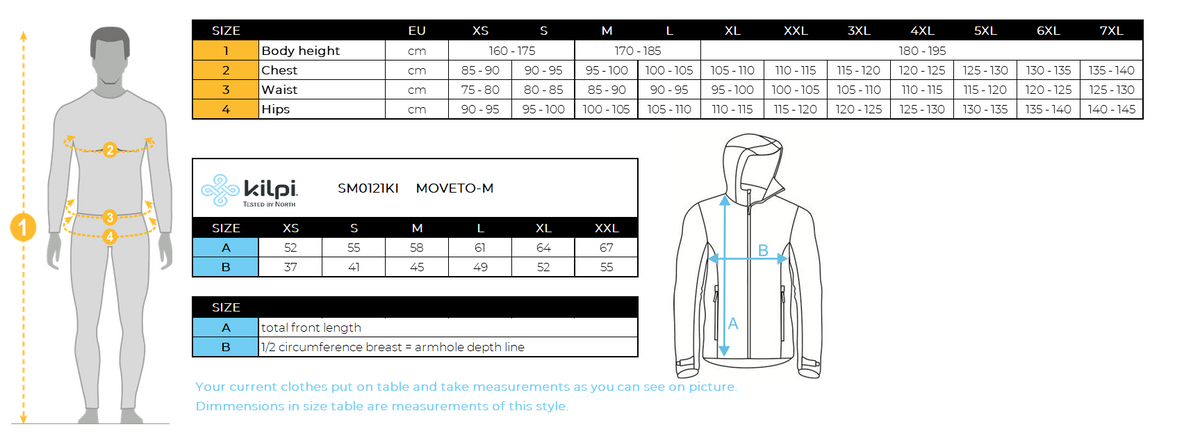 Men's cycling jersey Kilpi MOVETO-M – Size chart