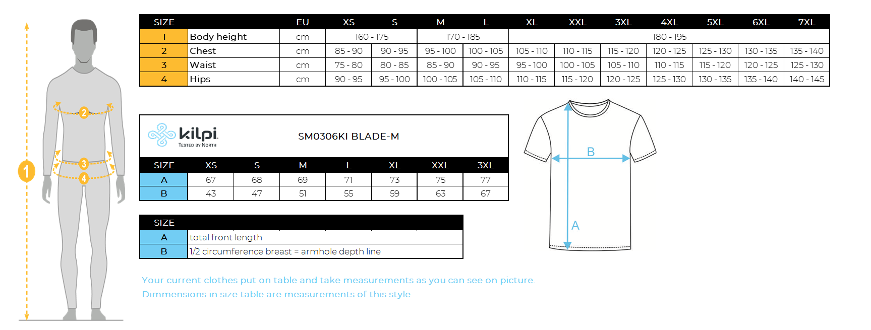 HOMMEle t-shirt de Kilpi BLADE-M – Size chart