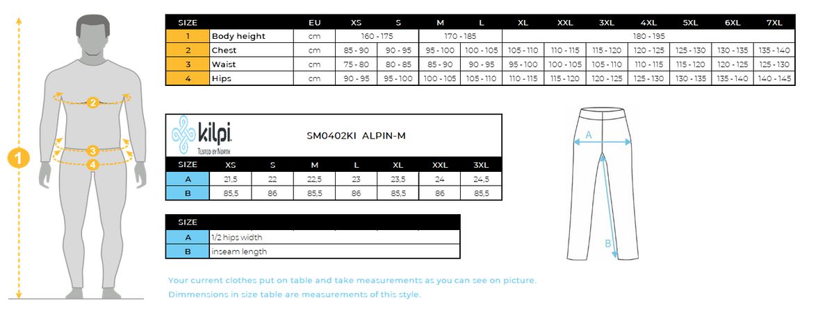 Men´s outdoor waterproof pants Kilpi ALPIN-M – Size chart