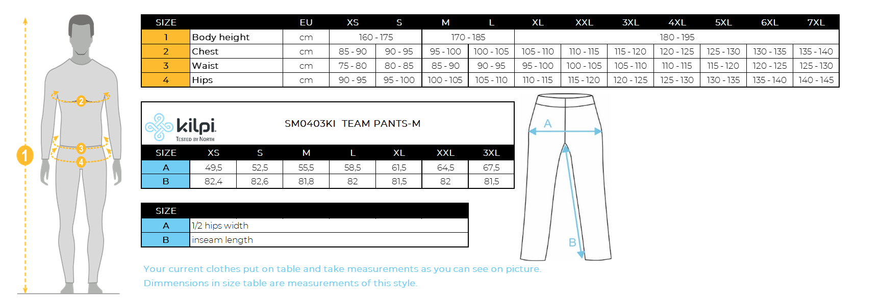 HOMMEle pantalon de ski Kilpi TEAM PANTS-M – Size chart