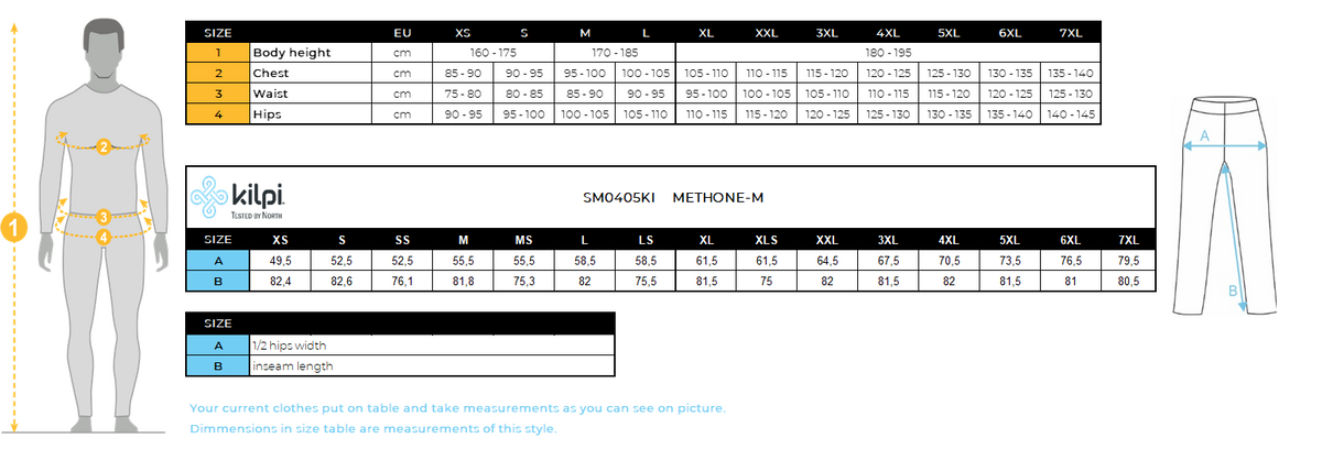 HOMMEle pantalon de ski Kilpi METHONE-M – Size chart