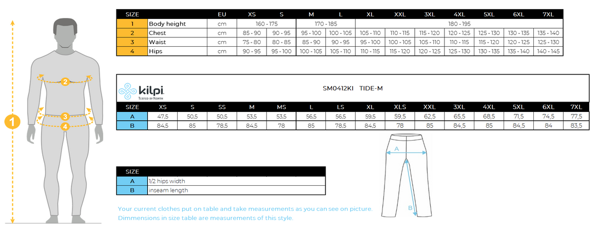 Men's outdoor pants Kilpi TIDE-M – Size chart
