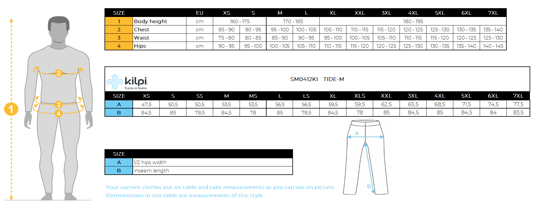 Men's outdoor pants Kilpi TIDE-M – Size chart