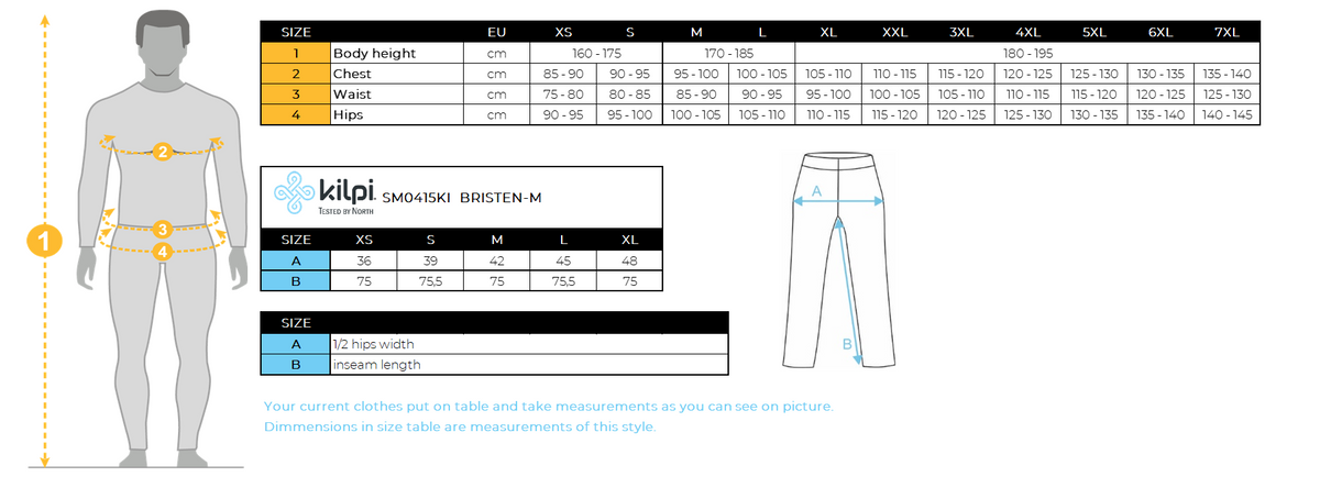 Men's ski touring pants Kilpi BRISTEN-M – Size chart