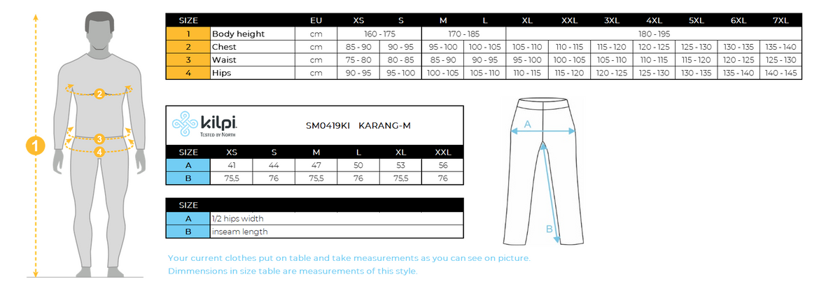 HOMMEles leggings de cross-country Kilpi KARANG-M – Size chart