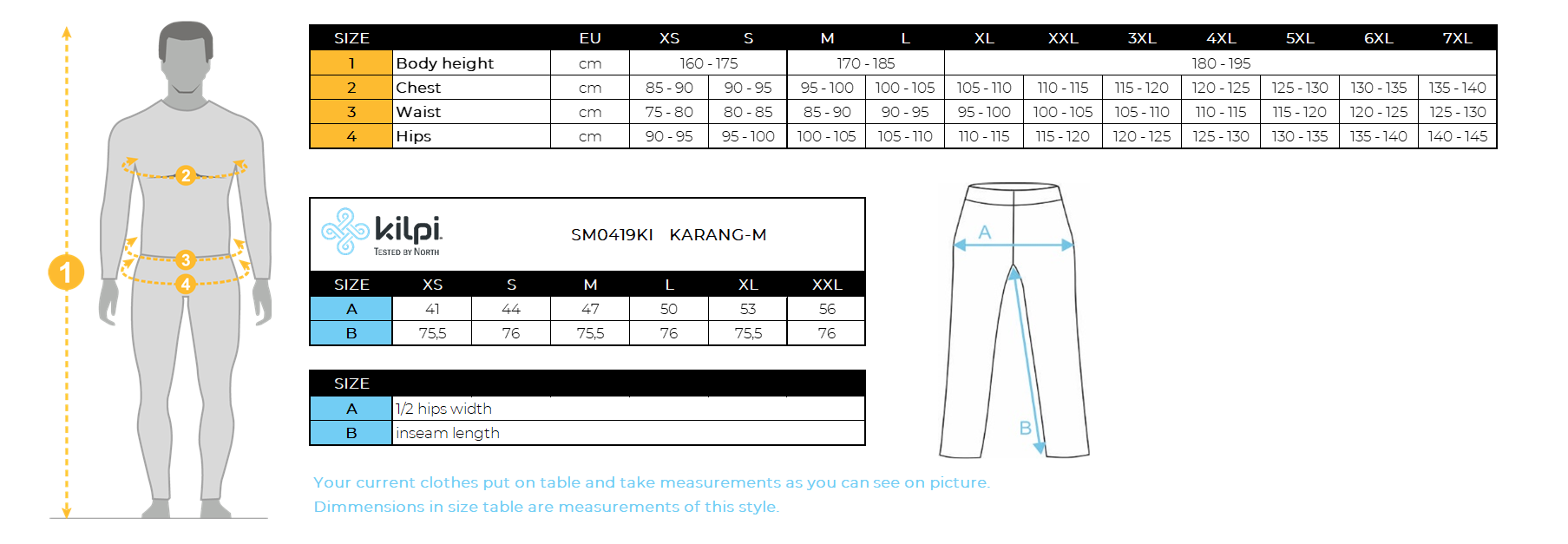 HOMMEles leggings de cross-country Kilpi KARANG-M – Size chart