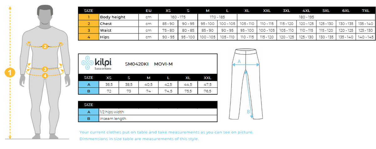Men's cycling leggings Kilpi MOVI-M – Size chart