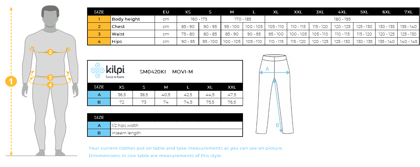 Men's cycling leggings Kilpi MOVI-M – Size chart