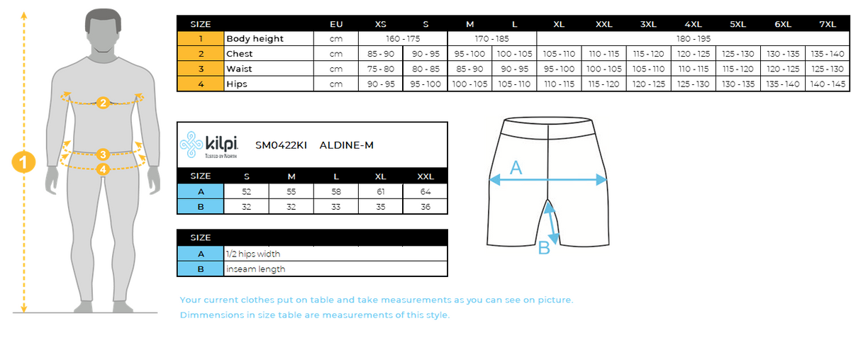 Men's softshell shorts Kilpi ALDINE-M – Size chart