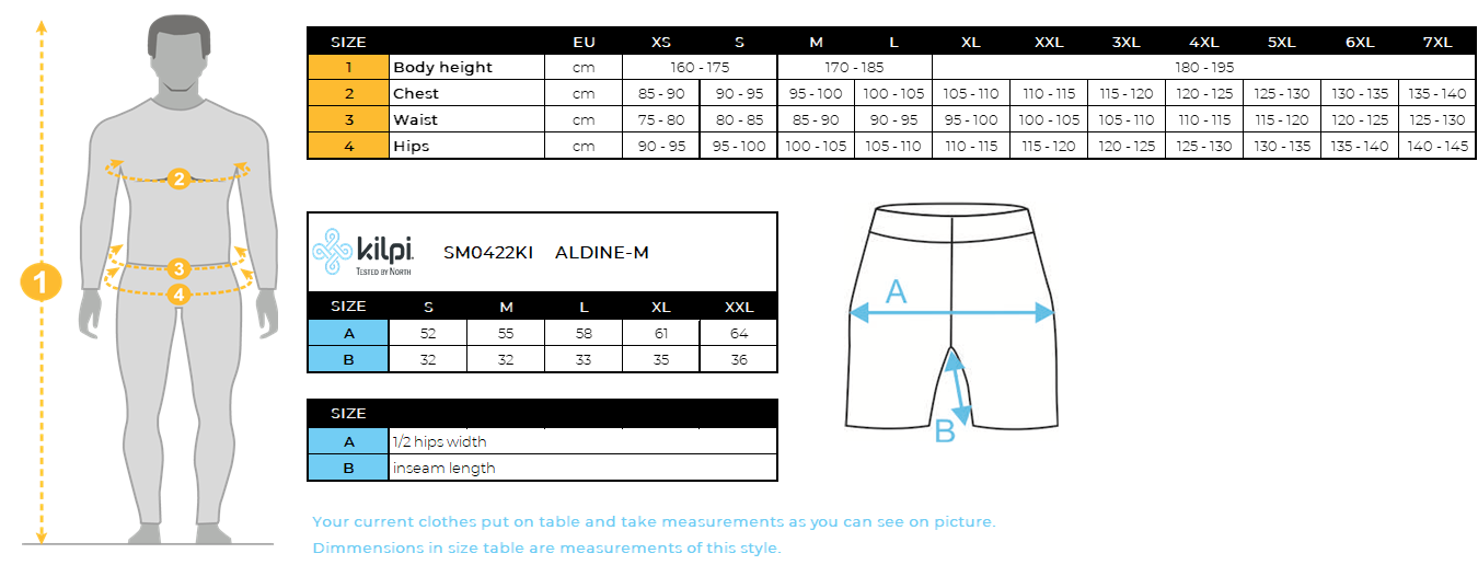 Men's softshell shorts Kilpi ALDINE-M – Size chart