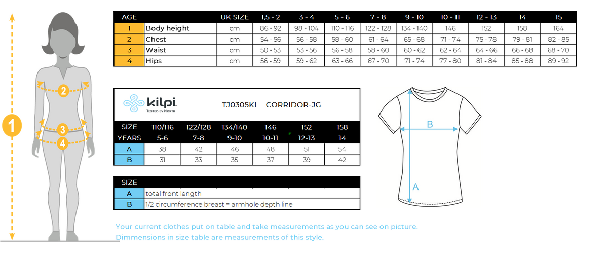 Maillot de cyclisme fille Kilpi CORRIDOR-JG – Size chart