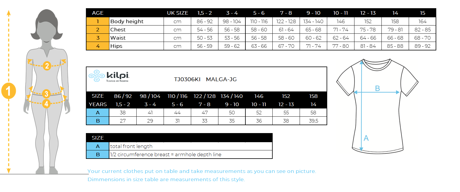 Tee-shirt fille Kilpi MALGA-JG – Size chart