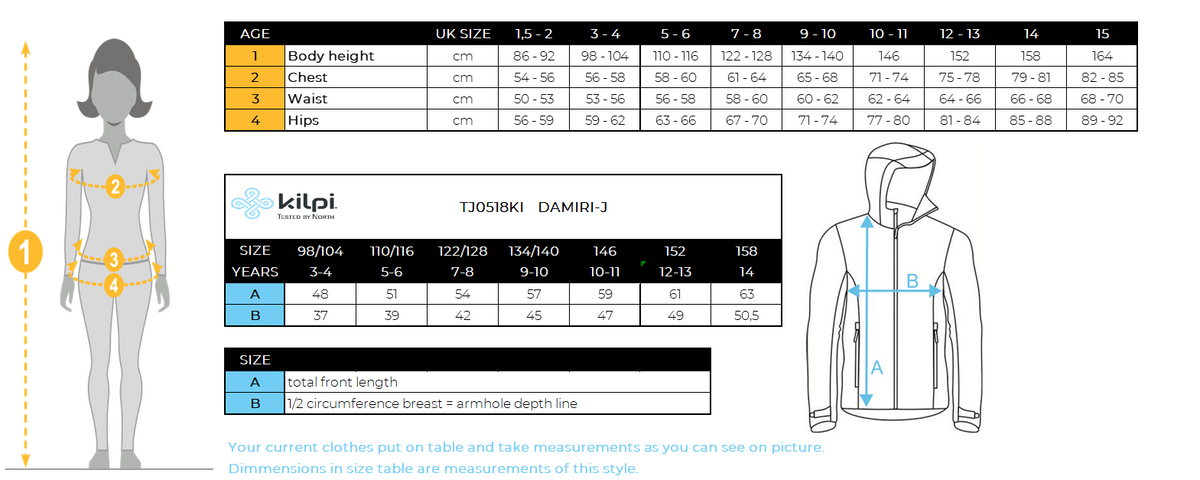 Kid's waterproof jacket Kilpi DAMIRI-J – Size chart