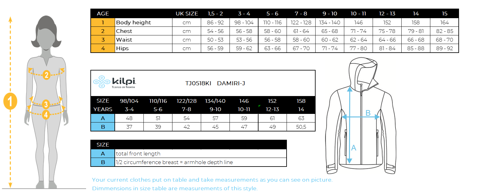 Kid's waterproof jacket Kilpi DAMIRI-J – Size chart