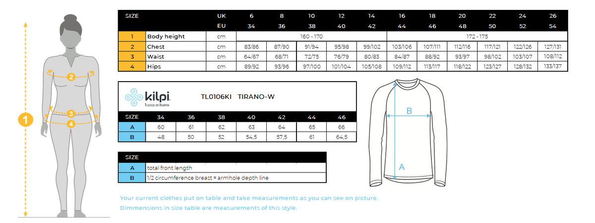 FEMMEla veste de course légère Kilpi TIRANO-W – Size chart