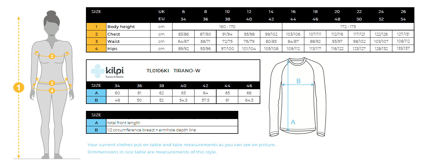 FEMMEla veste de course légère Kilpi TIRANO-W – Size chart