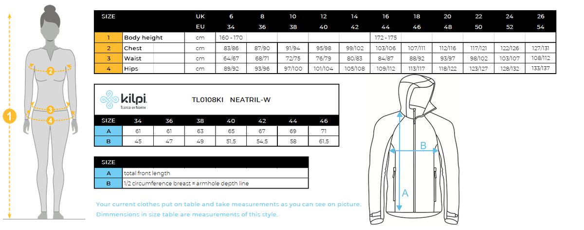 FEMMEla veste de course Kilpi NEATRIL-W – Size chart