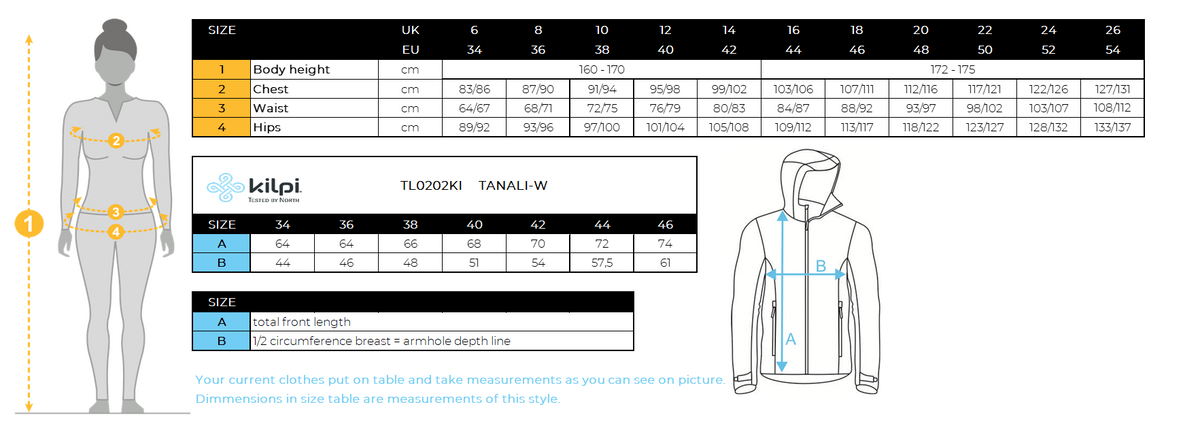 Women's technical sweatshirt Kilpi TANALI-W – Size chart