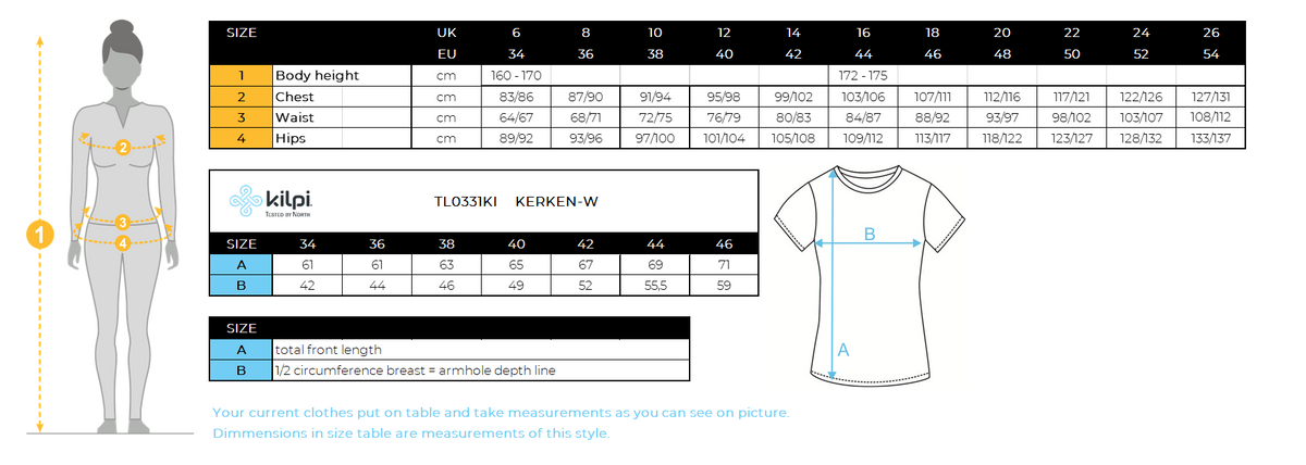 Women's functional T-shirt Kilpi KERKEN-W – Size chart