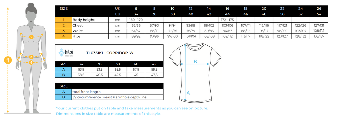 FEMMEle maillot de cyclisme de Kilpi CORRIDOR-W – Size chart