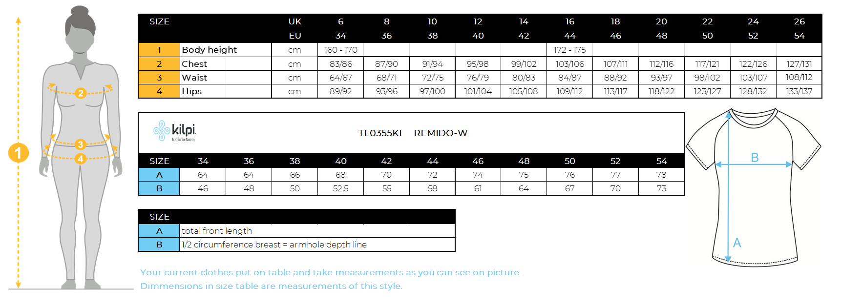 Women's technical mtb T-shirt Kilpi REMIDO-W – Size chart